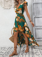 Printed High-Low Maxi Dress with Cap Sleeves