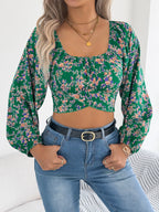 Floral Square Neck Ruched Crop Blouse with Balloon Sleeves