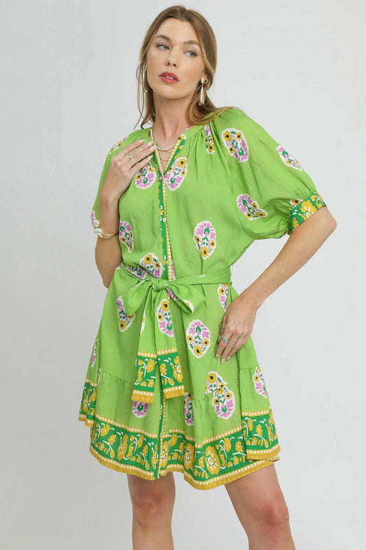 Umgee Boho Floral Tie Waist Shirt Dress Neon Green