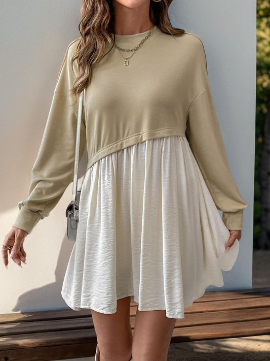 Perfee Ruched Contrast Long Sleeve Mini Dress Tan