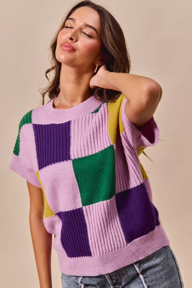 SO ME Mardi Gras Check Plaid Casual Knit Sweater Top