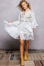 POL Floral Sequin Embroidered Tiered Mini Shirt Dress