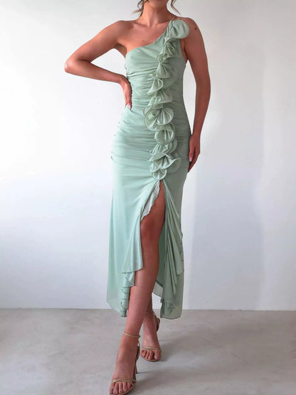 Chic One-Shoulder Ruffle Slit Evening Dress