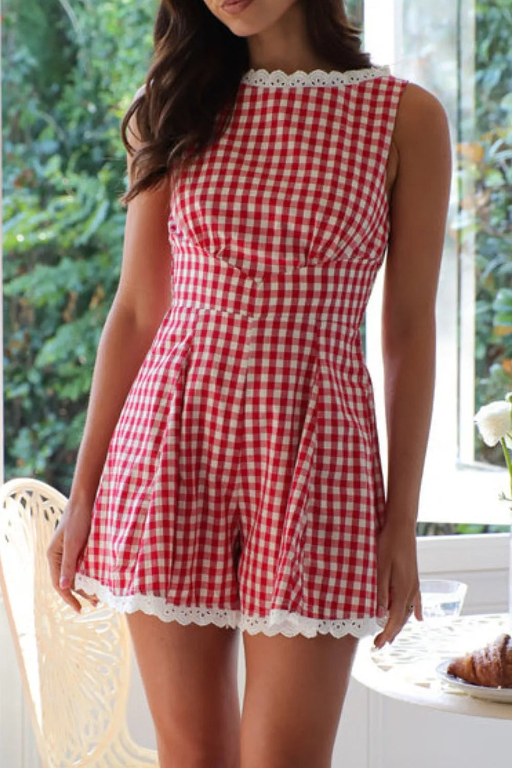 Lace Detail Plaid Sleeveless Romper Ã¢â‚¬â€œ Cotton One-Piece
