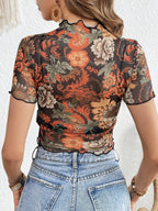 Floral Mesh Crop Top with Lettuce Trim