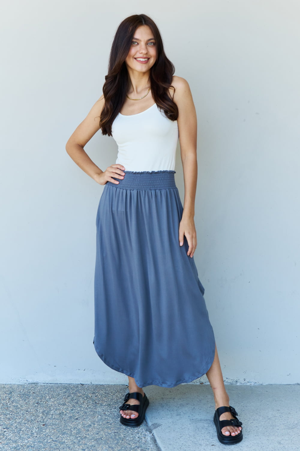 Doublju Comfort Princess High Waist Scoop Hem Maxi Skirt in Charcoal