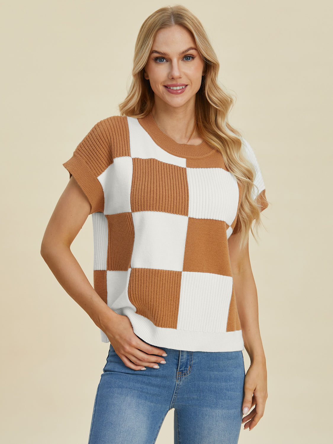 Double Take Checkered Round Neck Short Sleeve Sweater