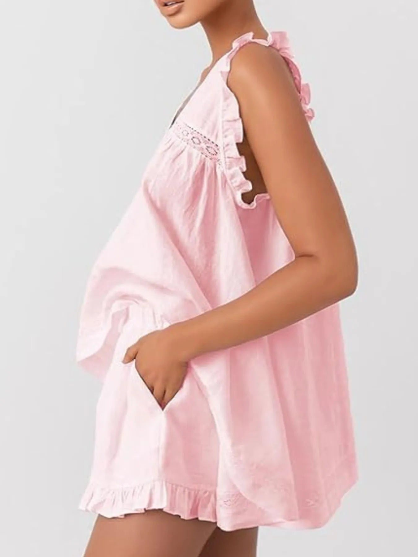 Ruffled V-Neck Top & High-Waist Shorts Co-Ord Set