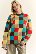 Davi & Dani Color Block Checkered Dropped Shoulder Sweater Brown Multicolor