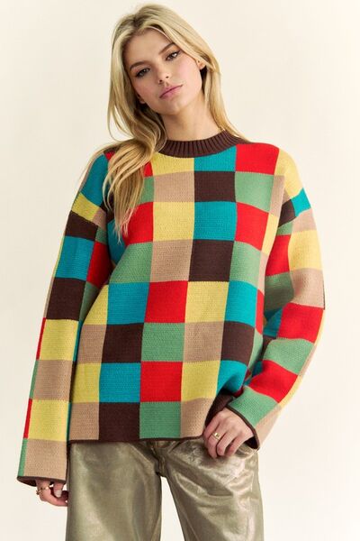 Davi & Dani Color Block Checkered Dropped Shoulder Sweater Brown Multicolor