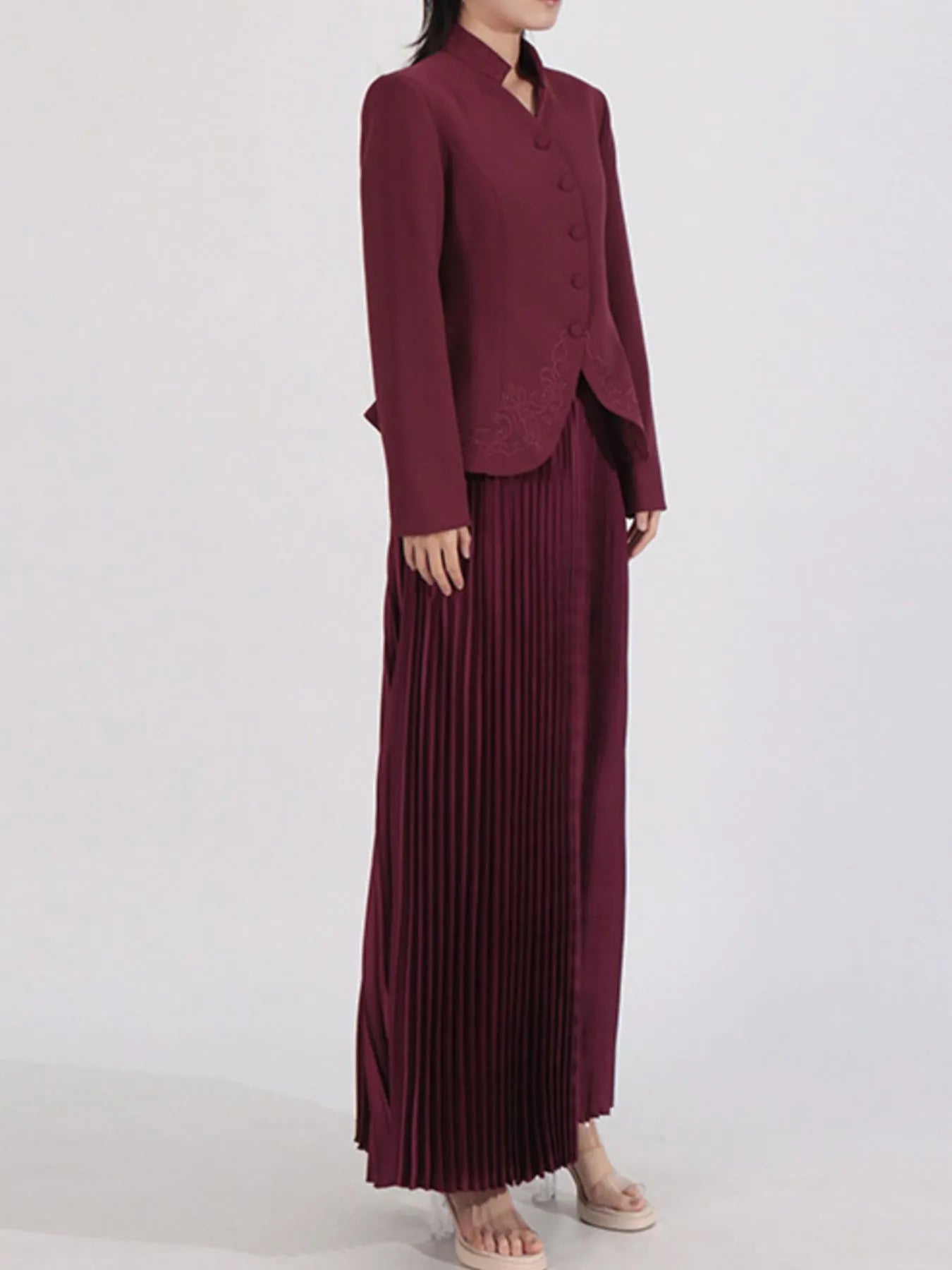 Elegant Button Up Long Sleeve Blouse & Pleated Skirt Two-Piece Set