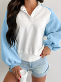 Color Block Snap Button Front Sweatshirt Pastel Blue