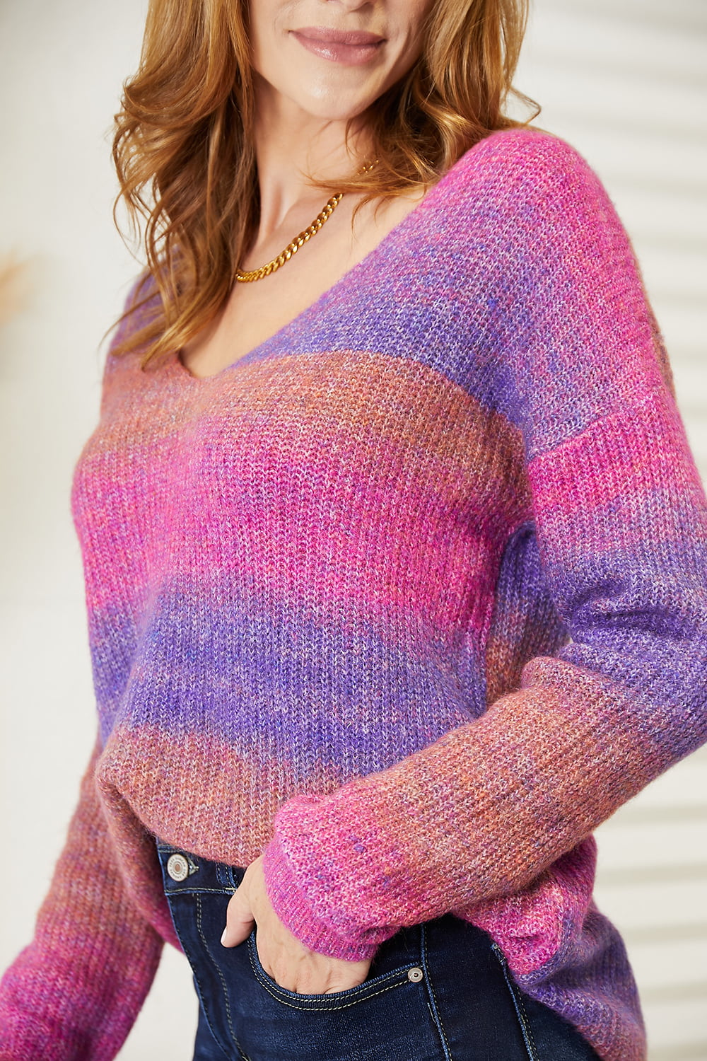 Angel Wings Multicolor Rib-Knit V-Neck Pullover Sweater