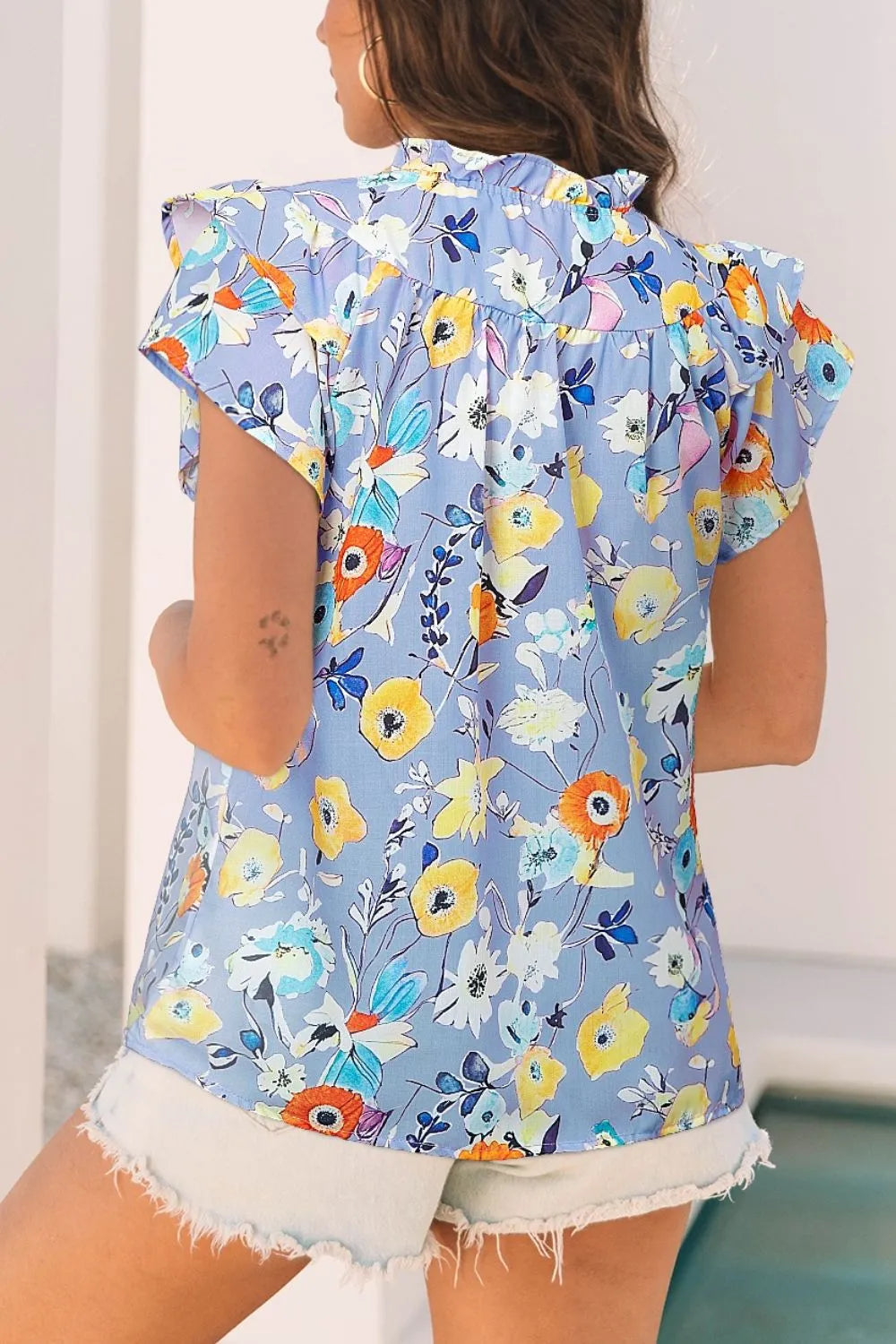 Printed Ruffle Cap Sleeve Notched Blouse