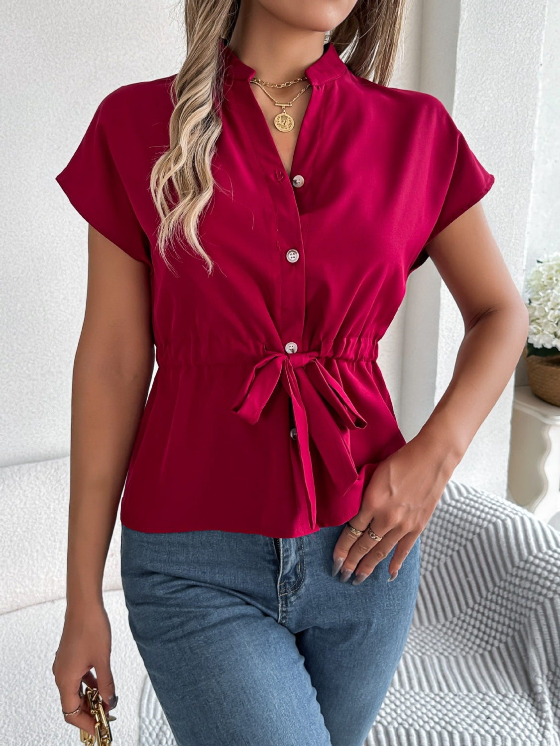 Notched Short Sleeve Blouse - Chic & Versatile