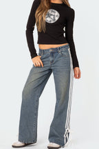Side Striped Loose Fit Jeans - Trendy & Relaxed Denim
