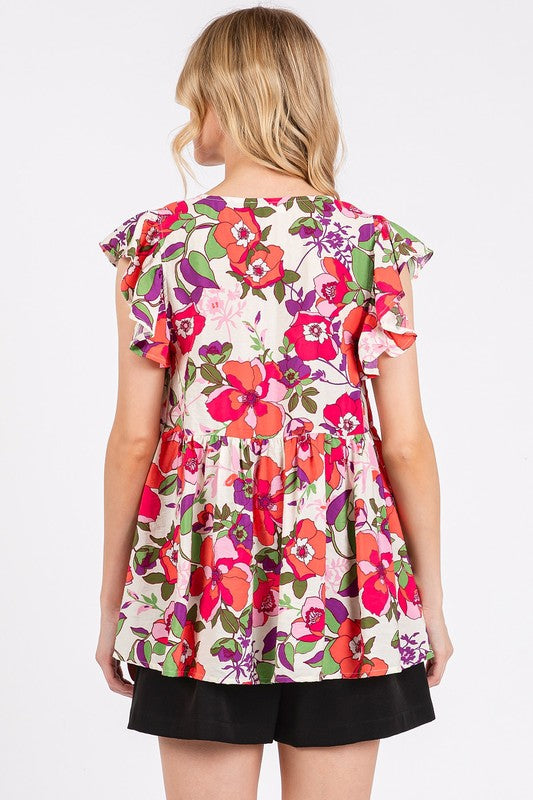 Mittoshop Floral V-Neck Ruffled Cap Sleeve Peplum Blouse