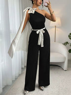 One-Shoulder Bowknot Wide-Leg Belted Jumpsuit