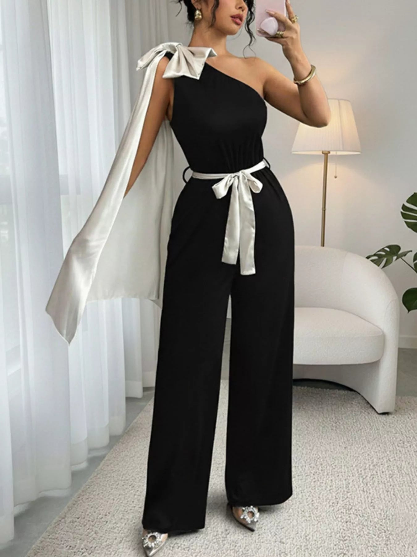One-Shoulder Bowknot Wide-Leg Belted Jumpsuit