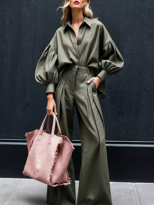 Elegant Lantern Sleeve Top & Wide-Leg Pant Co-Ord Set