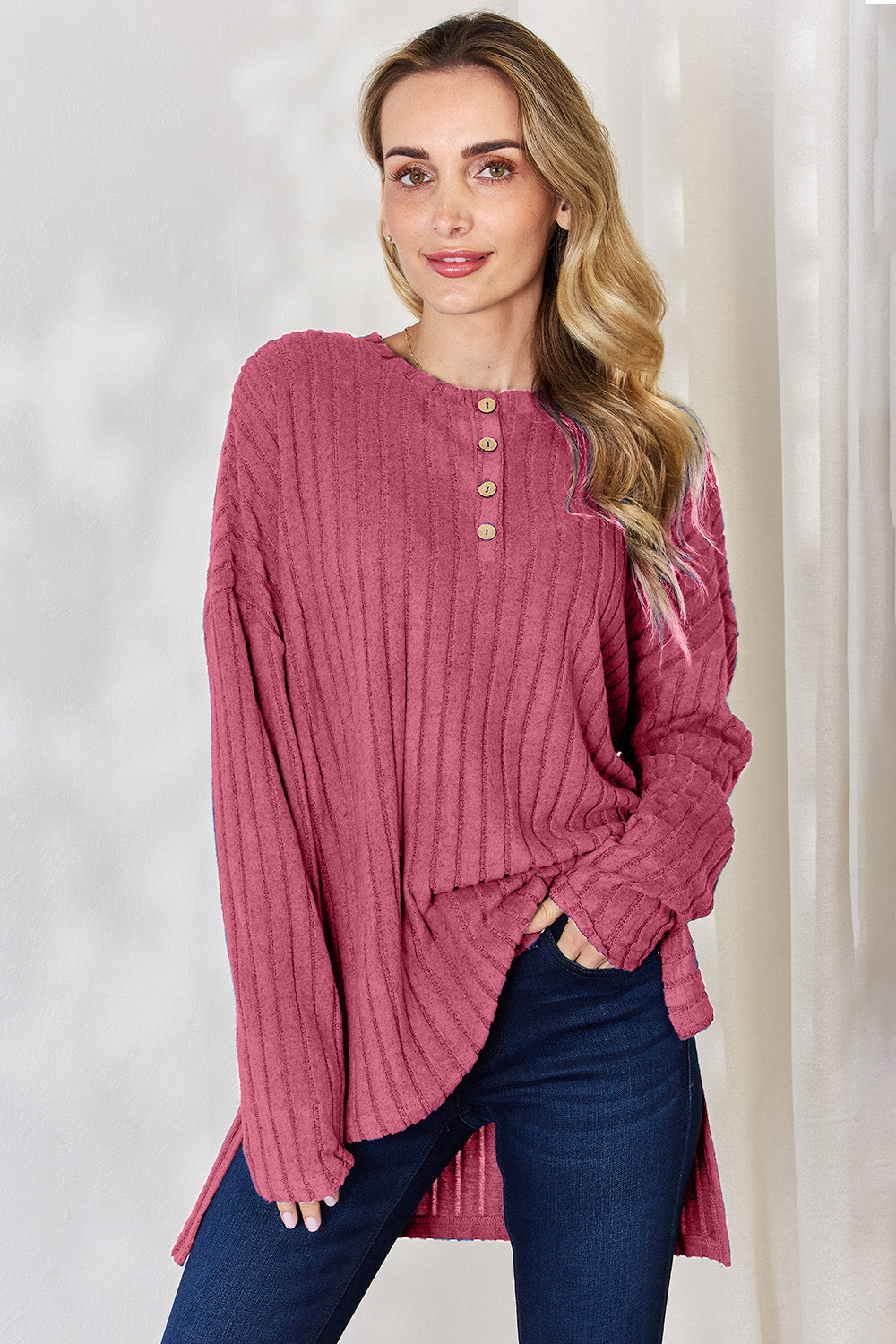 Basic Bae Ribbed Half Button Long Sleeve High-Low T-Shirt Hot Pink