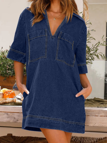 Johnny Collar Denim Dress with Half Sleeves and Pockets Dark Blue