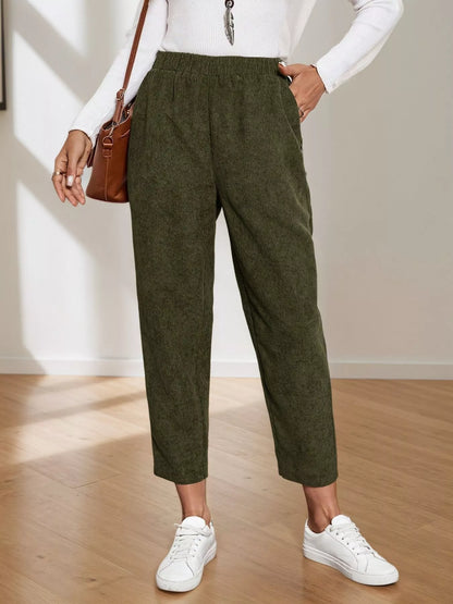 Comfort Fit Corduroy Elastic Waist Cropped Pants Green