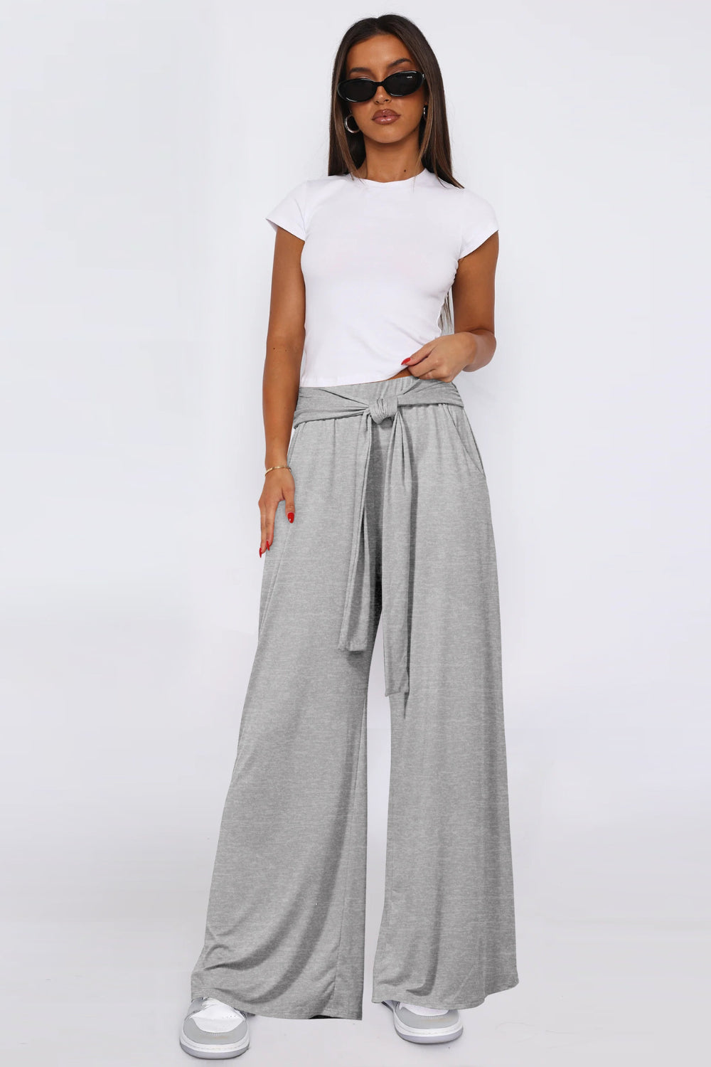 Tied Pocketed Wide-Leg Pants - Chic & Comfortable Light Gray