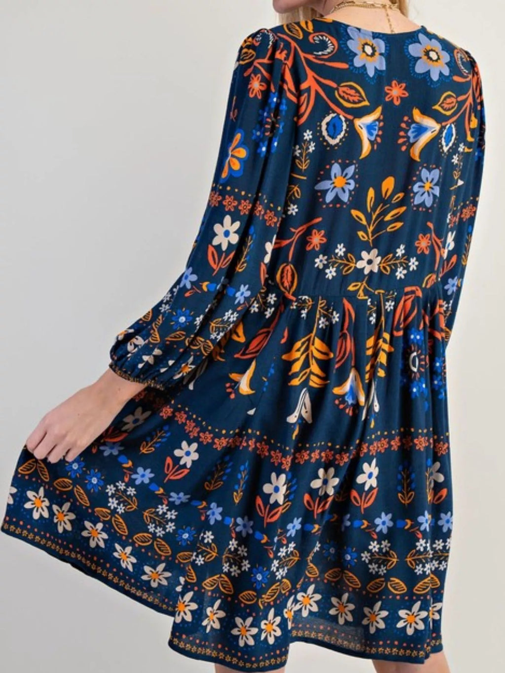 Bohemian Floral Print Ruched Long Sleeve Pocketed Mini Dress