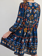 Bohemian Floral Print Ruched Long Sleeve Pocketed Mini Dress