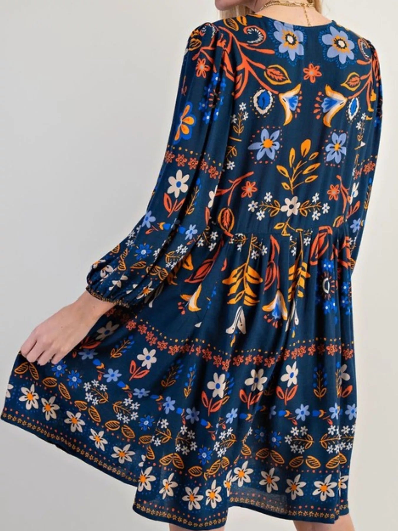 Bohemian Floral Print Ruched Long Sleeve Pocketed Mini Dress