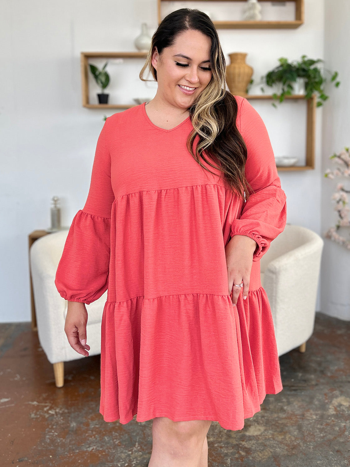 Full Size V-Neck Tiered Balloon Sleeve Dress with Pockets