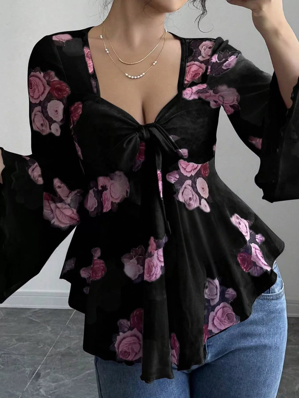 Floral Tie-Front Flare Sleeve Blouse Black