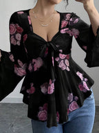Floral Tie-Front Flare Sleeve Blouse Black