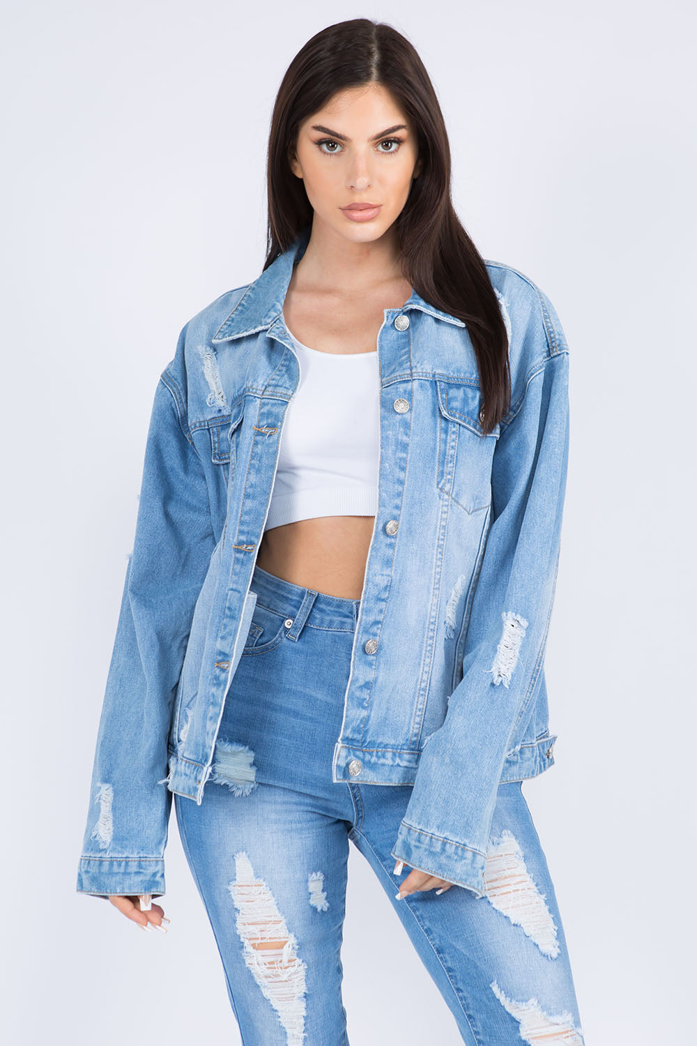 American Bazi Full Size Painted Back Distressed Denim Jacket Blue