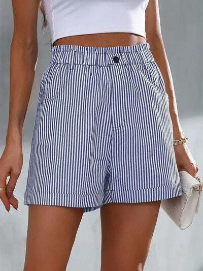 Full Size High Waist Striped Shorts Dusty Blue