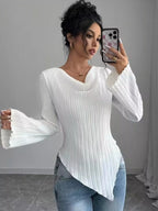 Asymmetrical Cowl-Neck Ribbed Knit Top