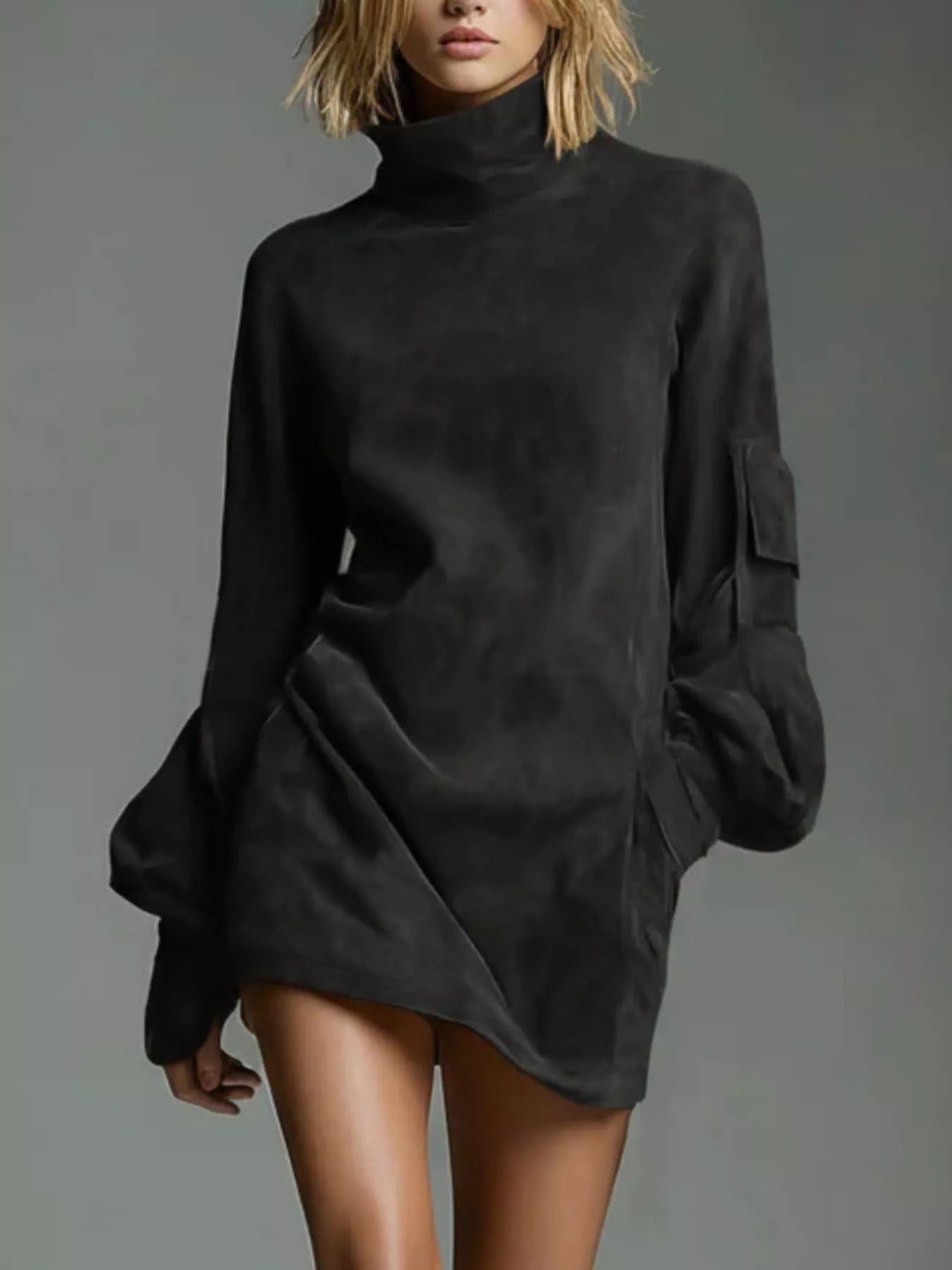 Full-Size Suede Turtleneck Lantern Sleeve Mini Dress Black