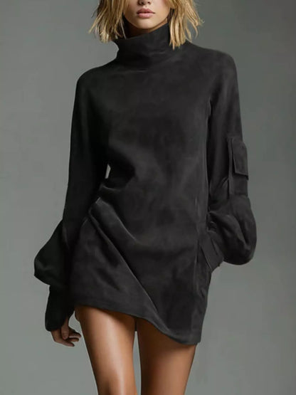 Full-Size Suede Turtleneck Lantern Sleeve Mini Dress Black