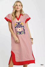 Umgee Floral Embroidered Stripe Caftan Dress with Side Slits