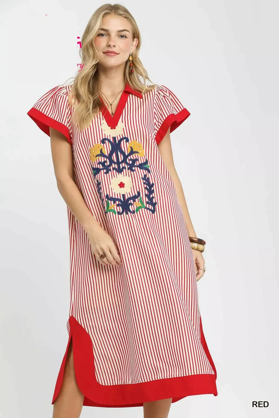 Umgee Floral Embroidered Stripe Caftan Dress with Side Slits