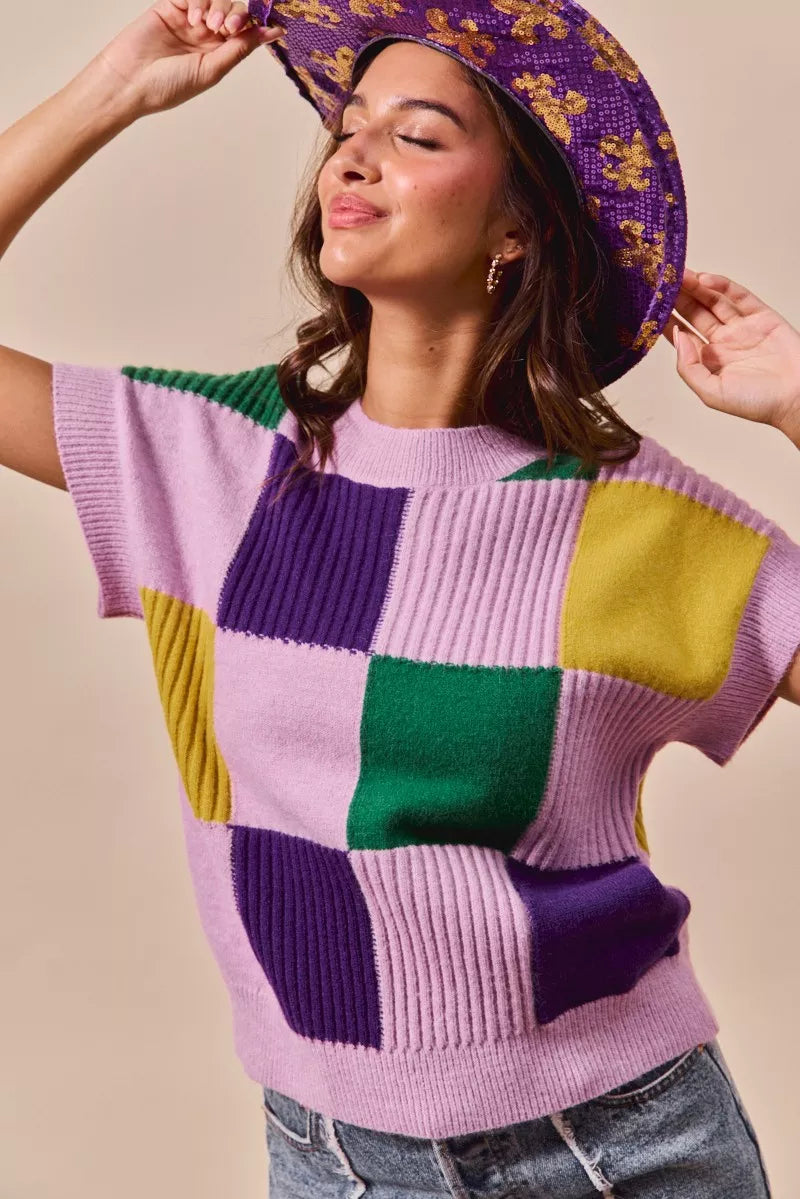 SO ME Mardi Gras Check Plaid Casual Knit Sweater Top