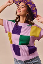 SO ME Mardi Gras Check Plaid Casual Knit Sweater Top