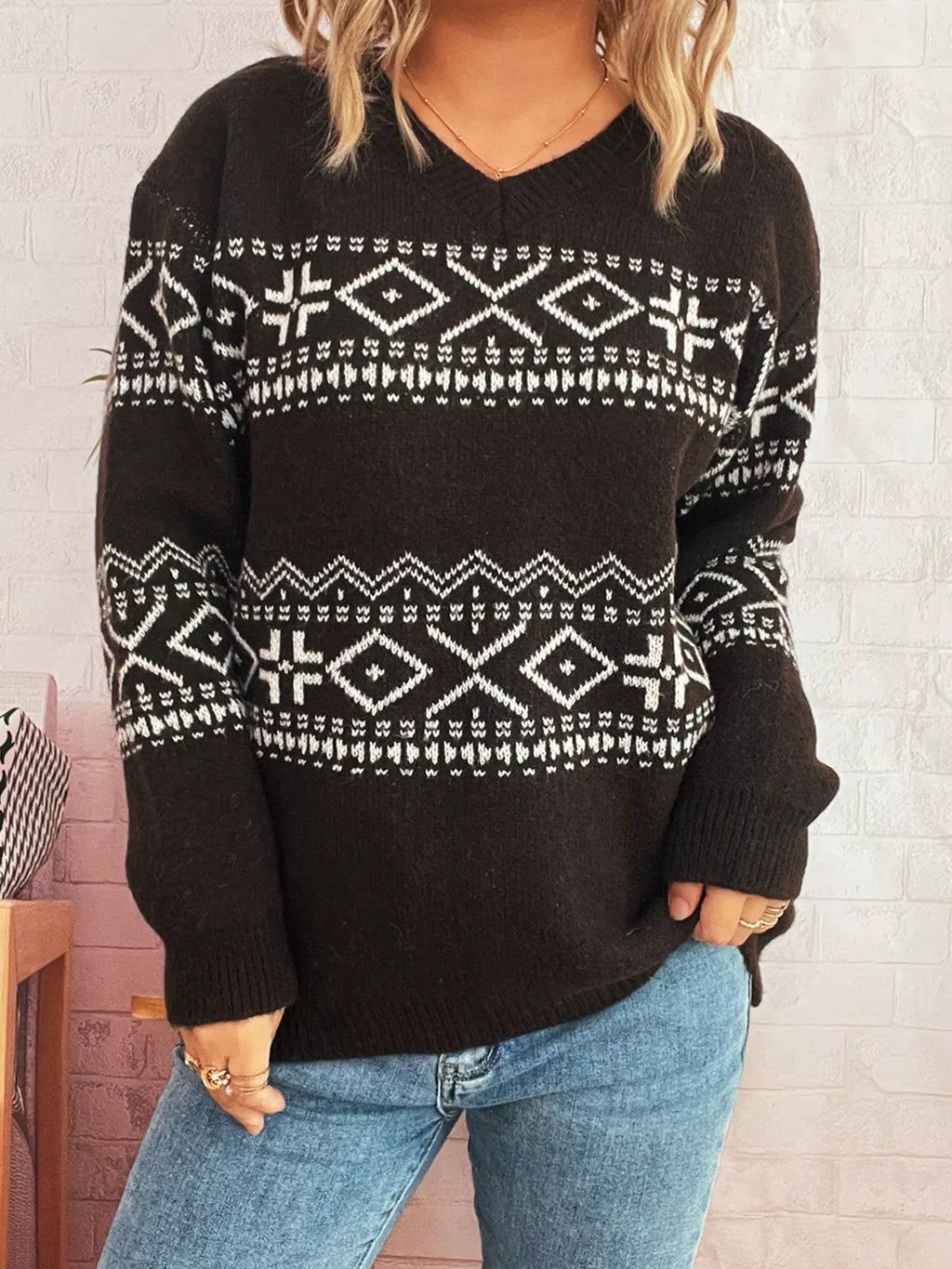 Geometric Print Dropped Shoulder Long Sleeve Sweater