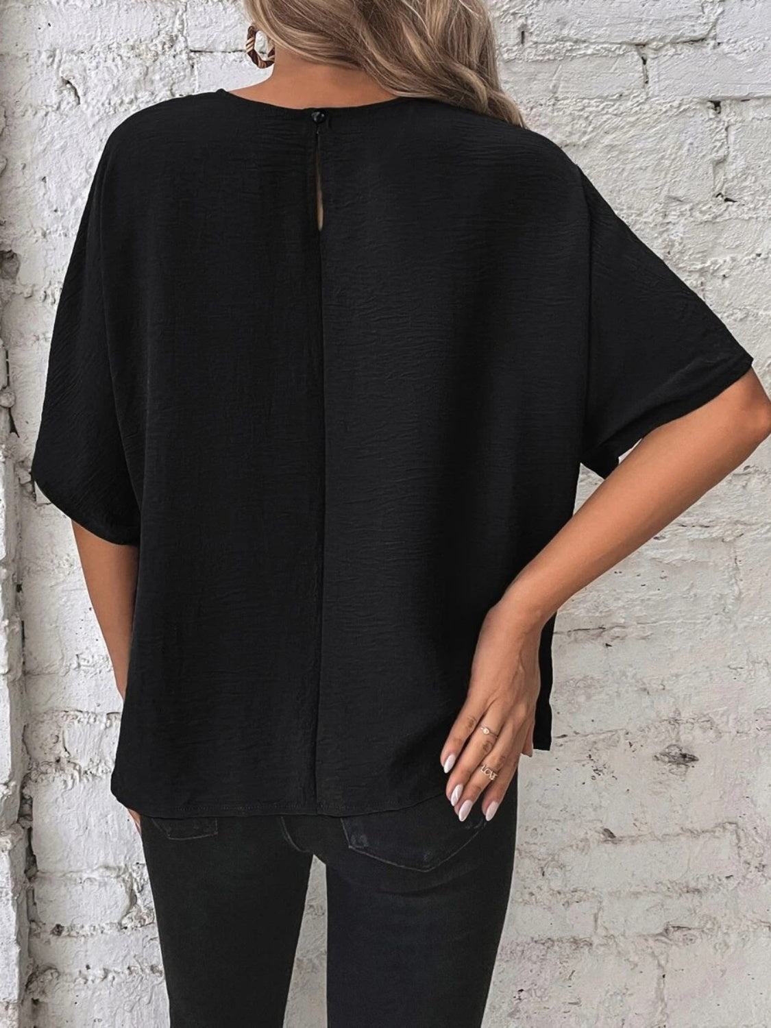 Knotted Round Neck Blouse with Half Sleeves and Button Detail