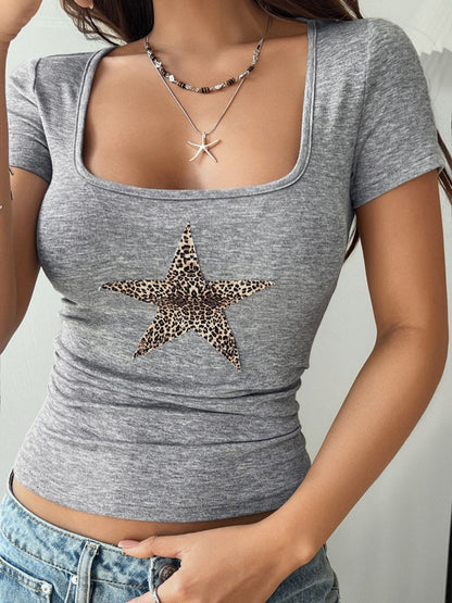 Devine Star Square Neck Short Sleeve T-Shirt Gray