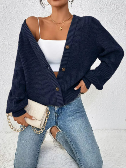 Cozy Chunky Knit Button-Front Cardigan Dark Blue
