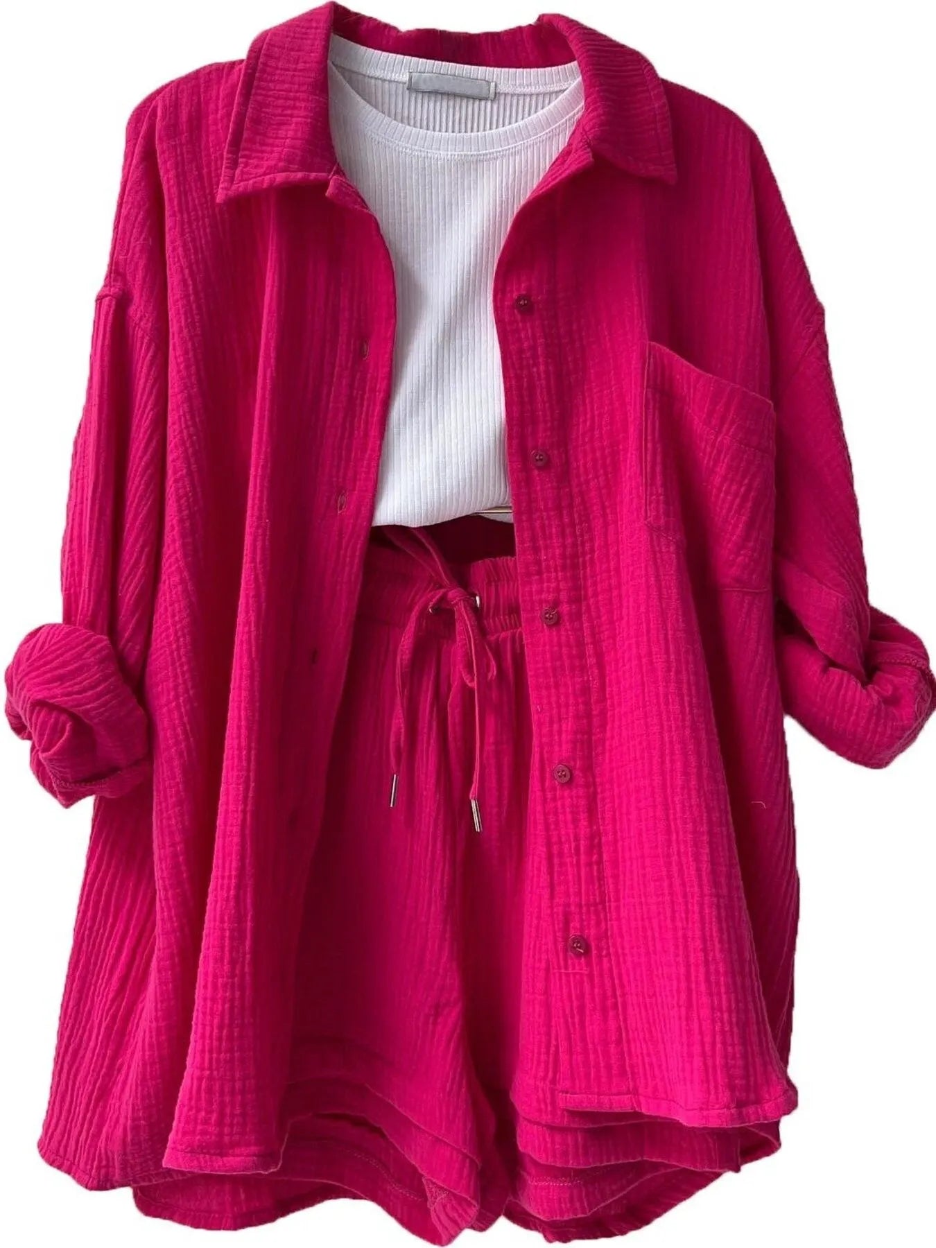 Chic Textured Button-Up Shirt & Shorts Two-Piece Set Deep Rose