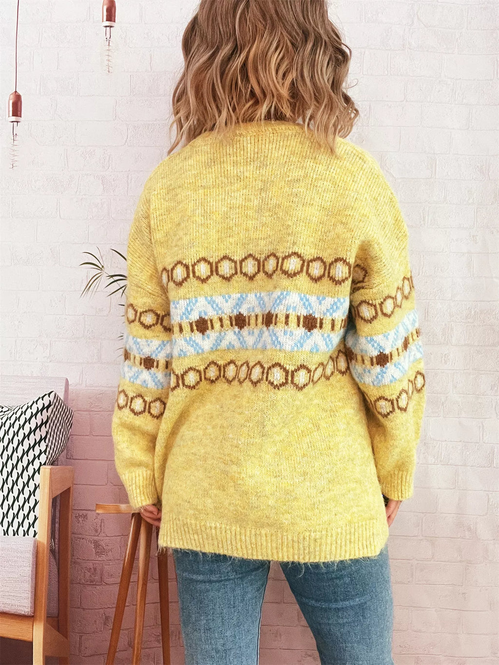 Contrast Color Round Neck Drop Shoulder Sweater