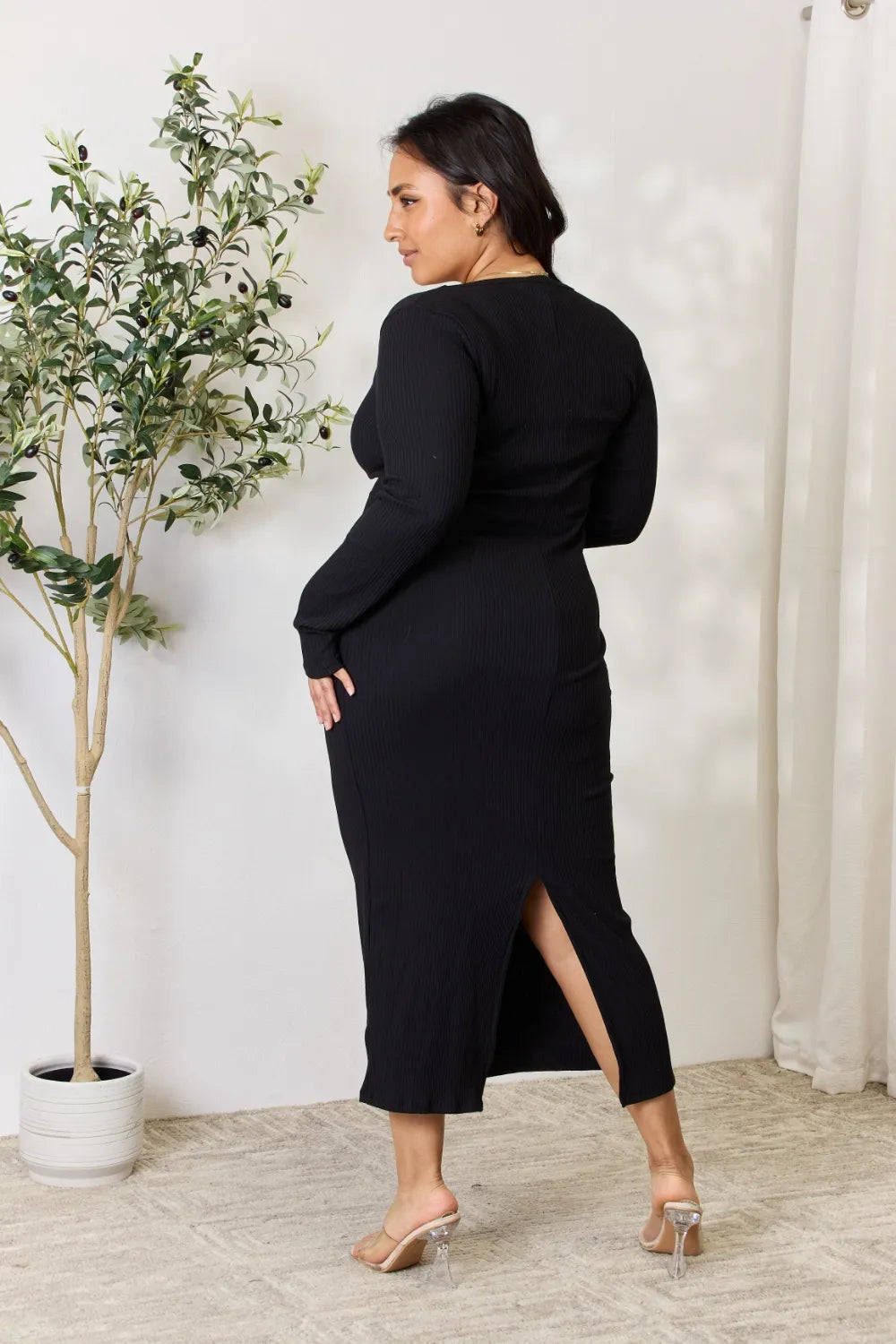 Culture Code Ribbed Slit Midi Dress â€“ Full Size
